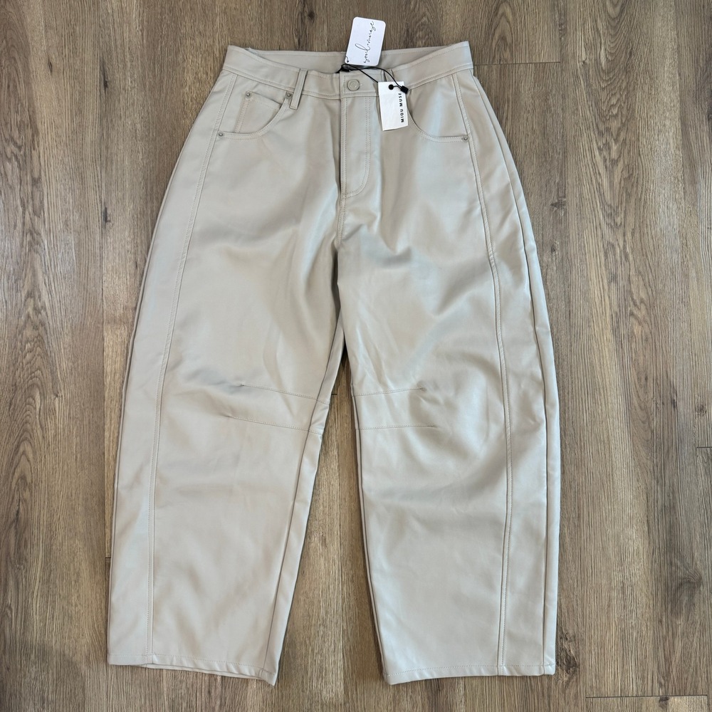 Miou Muse Cream Vegan Faux Leather Barrel High Rise Pants Medium Trousers NWT